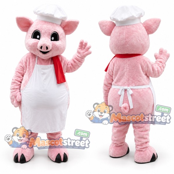 Pink Pig Mascot Costume with White Chef Apron and Hat