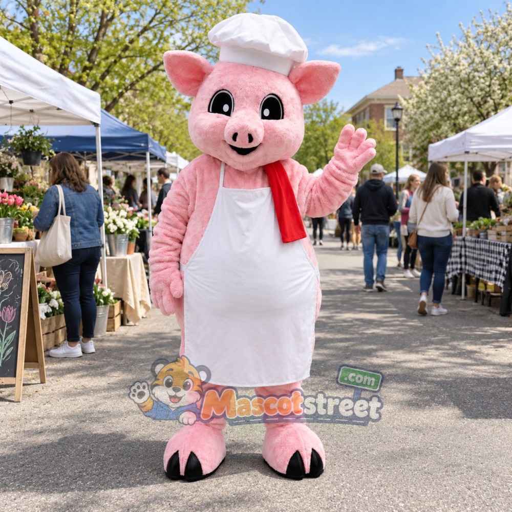 Pink Pig Mascot Costume with White Chef Apron and Hat