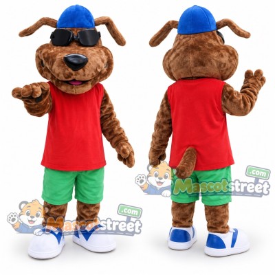 Brown Dog Mascot Costume with Red Shirt, Green Shorts and Blue Cap Brown Dog Mascot Costume with Red Shirt, Green Shorts and Blue Cap