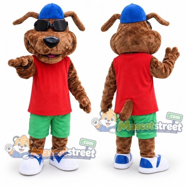 Brown Dog Mascot Costume with Red Shirt, Green Shorts and Blue Cap