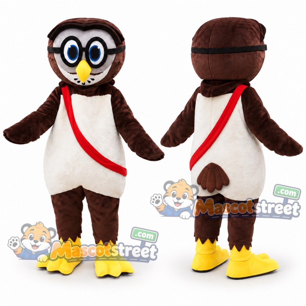 Brown Owl Mascot Costume with Glasses and Red Sash Brown Owl Mascot Costume with Glasses and Red Sash
