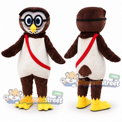 Brown Owl Mascot Costume with Glasses and Red Sash Brown Owl Mascot Costume with Glasses and Red Sash