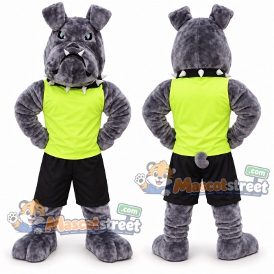 Gray Bulldog Mascot Costume with Lime Vest and Black Shorts Gray Bulldog Mascot Costume with Lime Vest and Black Shorts
