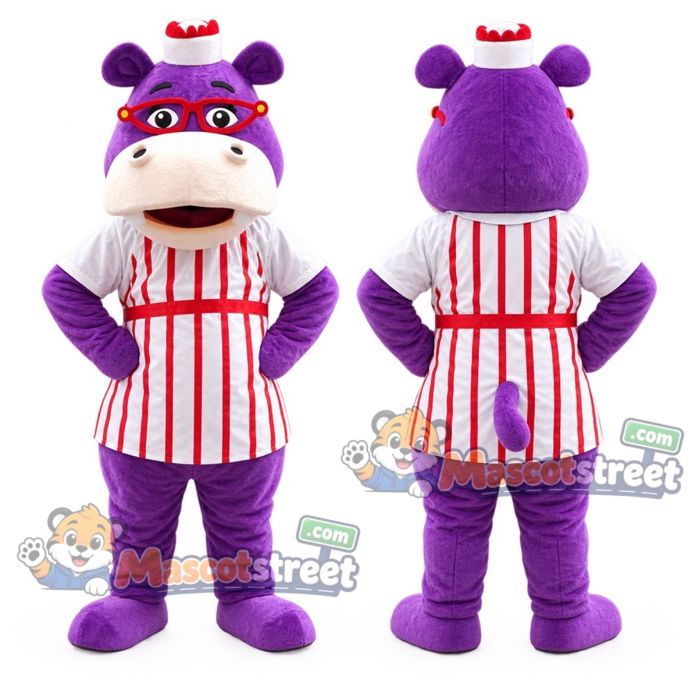 Purple Hippopotamus Mascot Costume with Striped Apron and Chef Hat