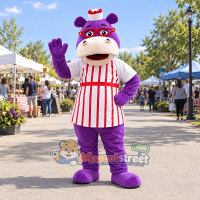 Purple Hippopotamus Mascot Costume with Striped Apron and Chef Hat