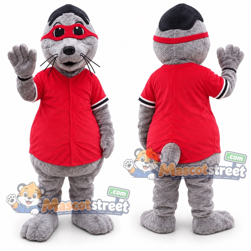 Gray Seal Mascot Costume with Red Shirt, Red Goggles and Black Cap Gray Seal Mascot Costume with Red Shirt, Red Goggles and Black Cap