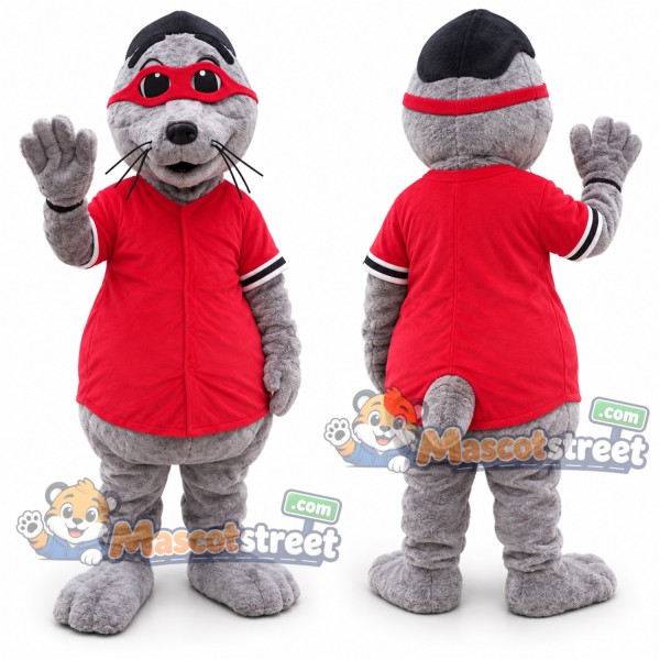 Gray Seal Mascot Costume with Red Shirt, Red Goggles and Black Cap