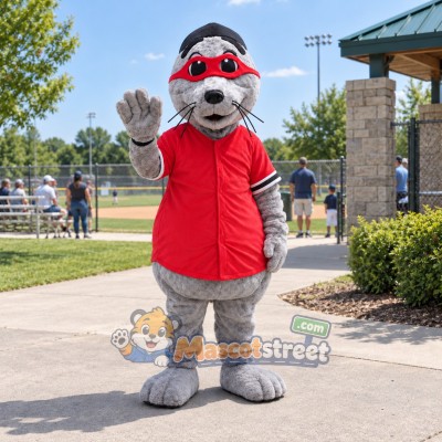 Gray Seal Mascot Costume with Red Shirt, Red Goggles and Black Cap Gray Seal Mascot Costume with Red Shirt, Red Goggles and Black Cap