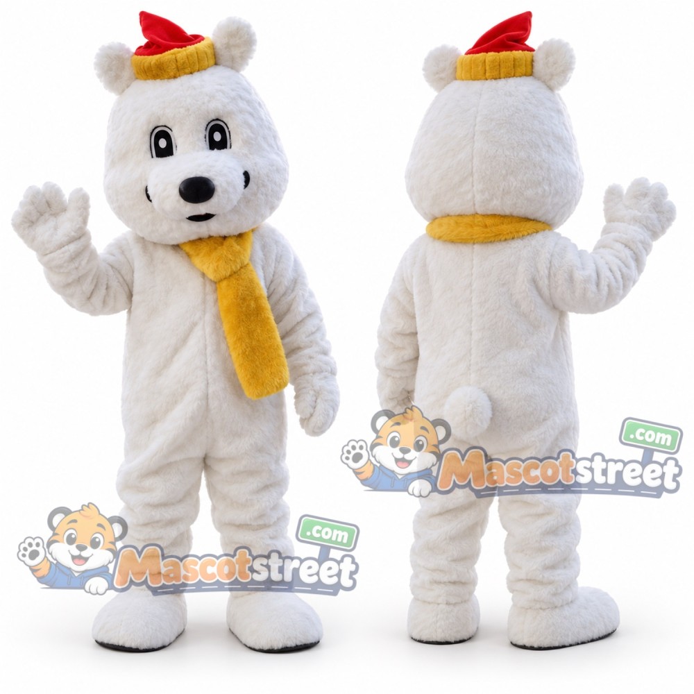 White Polar Bear Mascot Costume with Yellow Scarf and Santa Hat White Polar Bear Mascot Costume with Yellow Scarf and Santa Hat