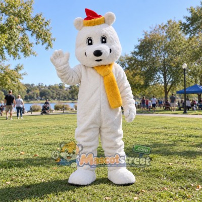 White Polar Bear Mascot Costume with Yellow Scarf and Santa Hat White Polar Bear Mascot Costume with Yellow Scarf and Santa Hat