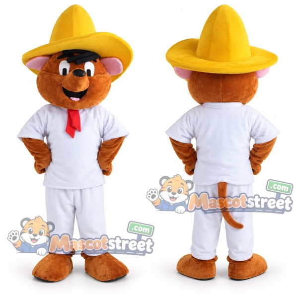 Brown Mouse Mascot Costume with White Suit and Yellow Sombrero