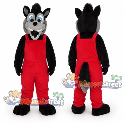 Black Wolf Mascot Costume with Red Overalls Black Wolf Mascot Costume with Red Overalls