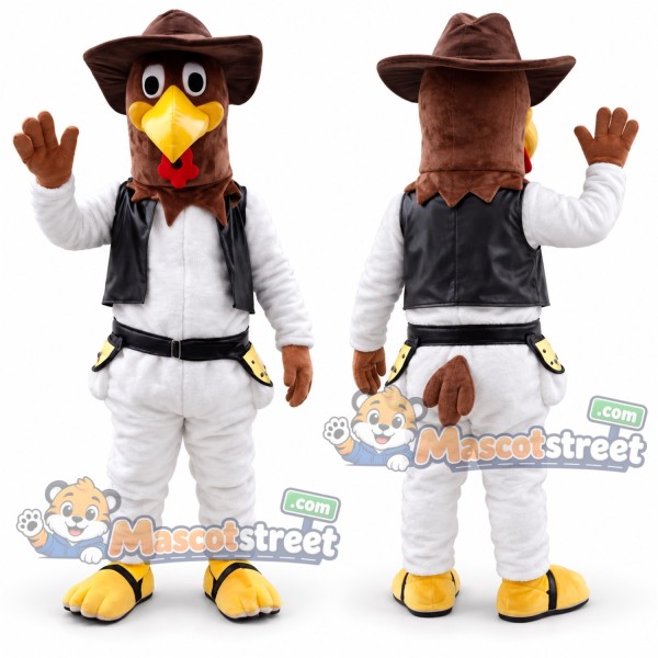 Brown Rooster Mascot Costume with White Shirt, Black Vest, White Trousers and Cowboy Hat