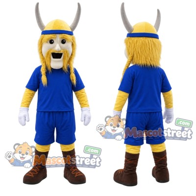 Viking Mascot Costume with Blue Sports Uniform and Horned Helmet Viking Mascot Costume with Blue Sports Uniform and Horned Helmet