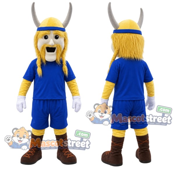 Viking Mascot Costume with Blue Sports Uniform and Horned Helmet