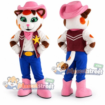 Orange and White Cat Mascot Costume with Cowboy Vest, Blue Trousers and Pink Hat