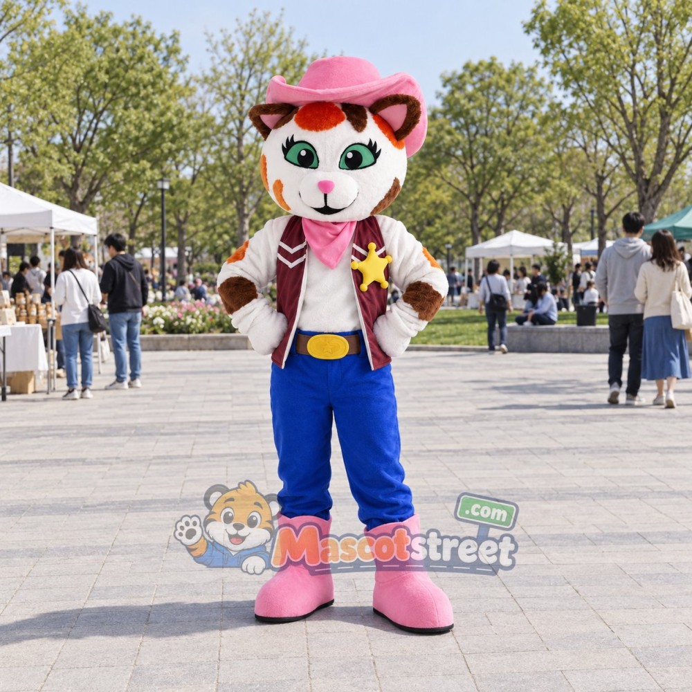 Orange and White Cat Mascot Costume with Cowboy Vest, Blue Trousers and Pink Hat