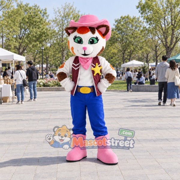 Orange and White Cat Mascot Costume with Cowboy Vest, Blue Trousers and Pink Hat