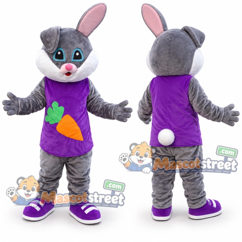Gray Rabbit Mascot Costume with Purple Carrot Shirt Gray Rabbit Mascot Costume with Purple Carrot Shirt