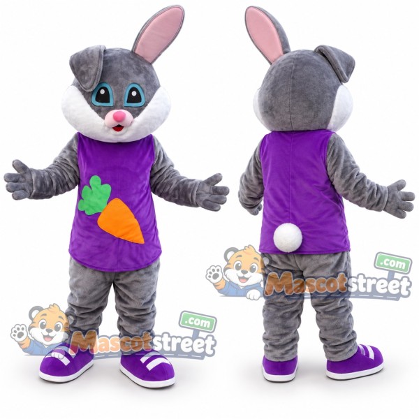 Gray Rabbit Mascot Costume with Purple Carrot Shirt