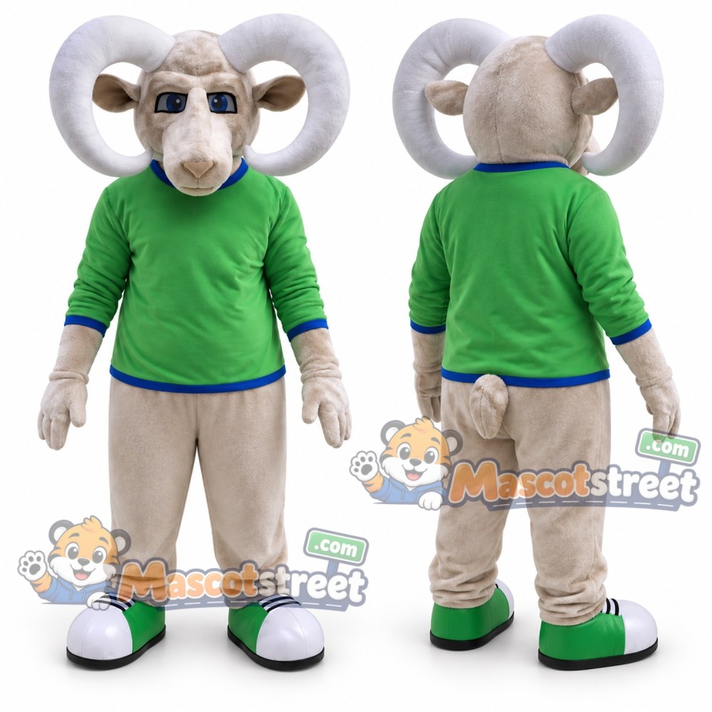 Gray Ram Mascot Costume with Green Shirt and Tan Trousers