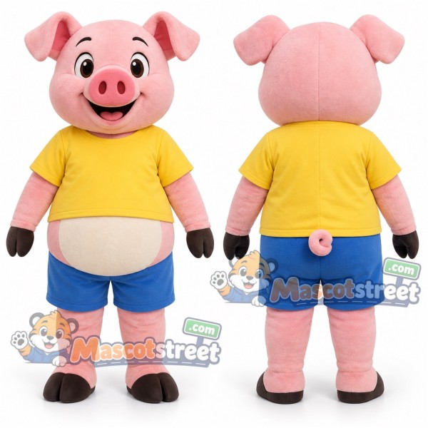 Pink Pig Mascot Costume with Yellow Shirt and Blue Shorts