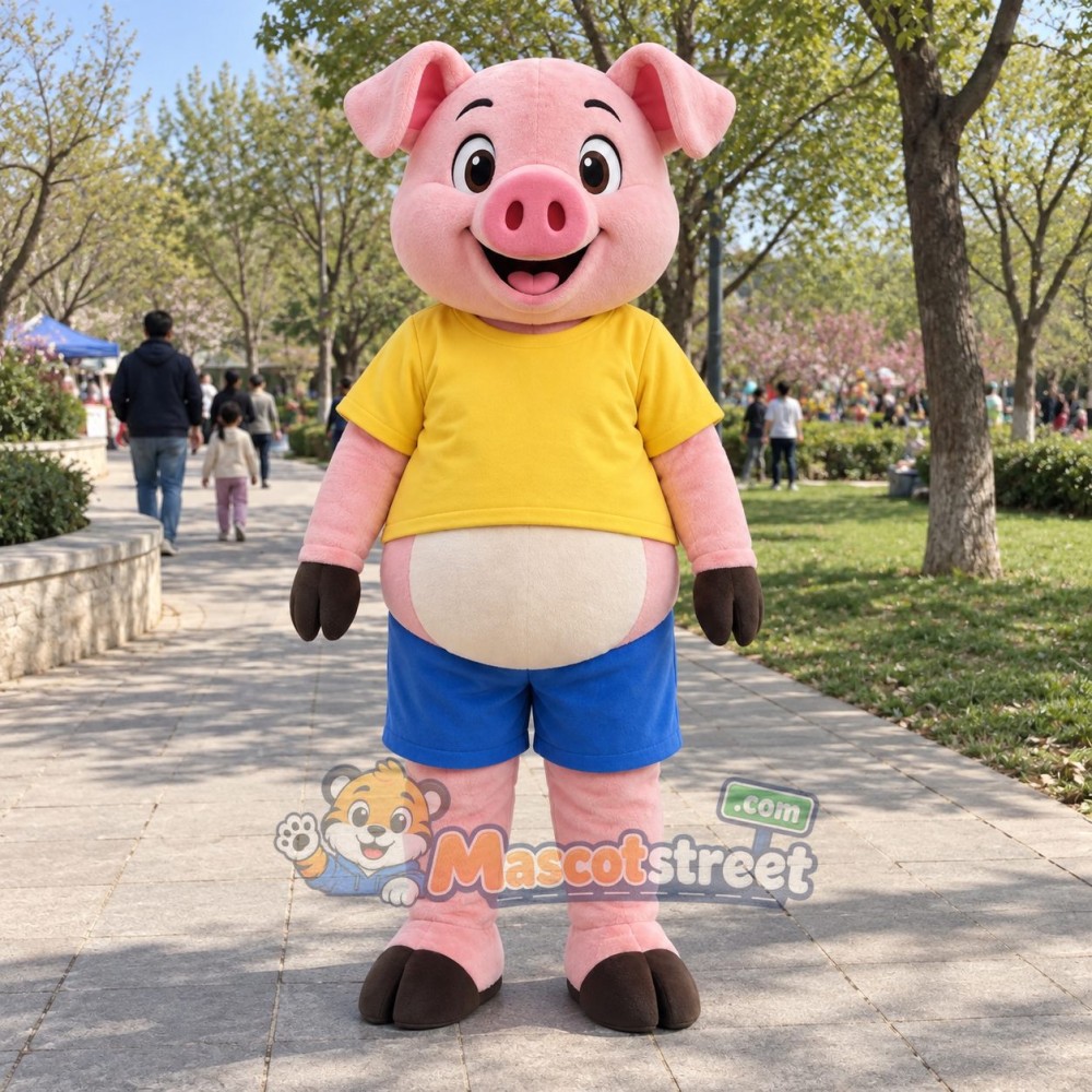 Pink Pig Mascot Costume with Yellow Shirt and Blue Shorts