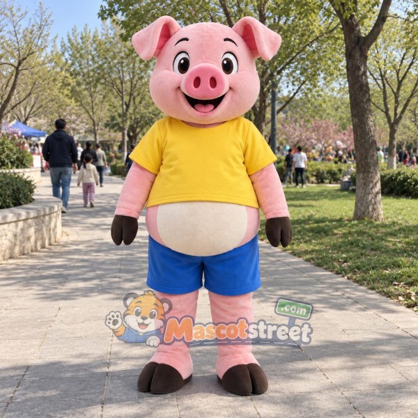 Pink Pig Mascot Costume with Yellow Shirt and Blue Shorts
