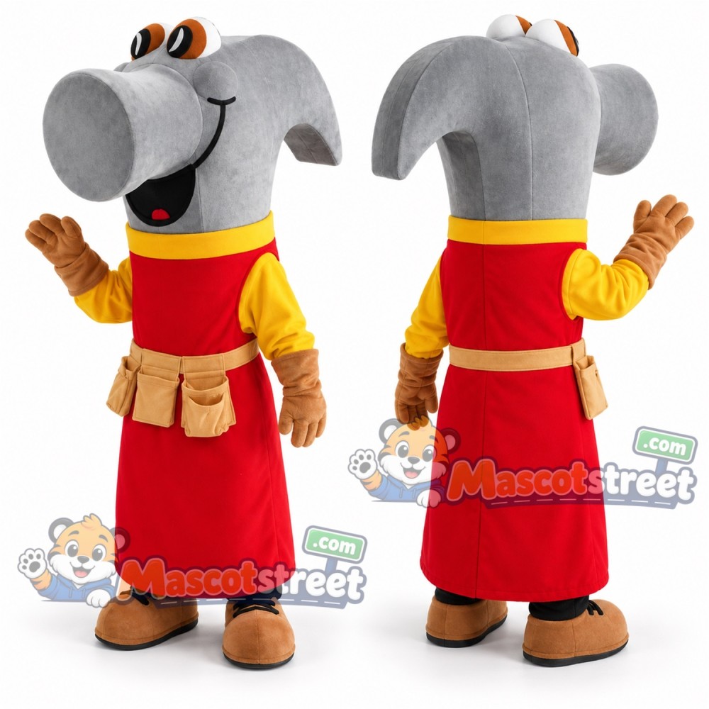 Hammer Mascot Costume with Red Overalls and Yellow Shirt Hammer Mascot Costume with Red Overalls and Yellow Shirt