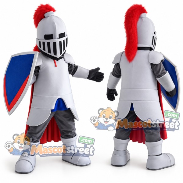 Knight Mascot Costume with Silver Armor and Red Plume
