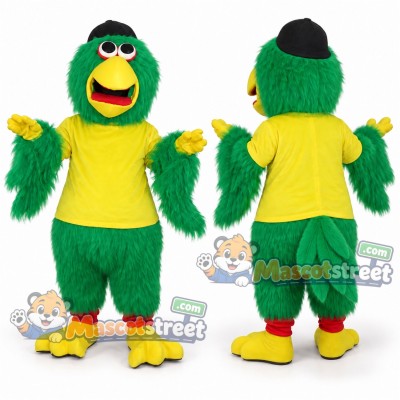 Green Parrot Mascot Costume with Yellow Shirt and Black Cap