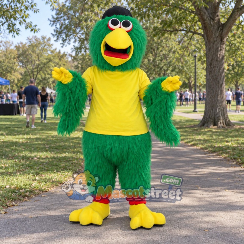 Green Parrot Mascot Costume with Yellow Shirt and Black Cap Green Parrot Mascot Costume with Yellow Shirt and Black Cap