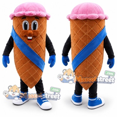 Pink Ice Cream Cone Mascot Costume with Blue Sash