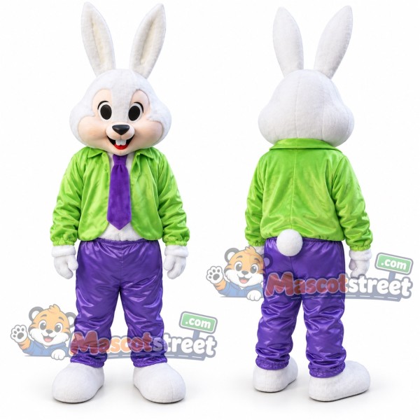 White Rabbit Mascot Costume with Green Shirt, Purple Trousers and Purple Tie