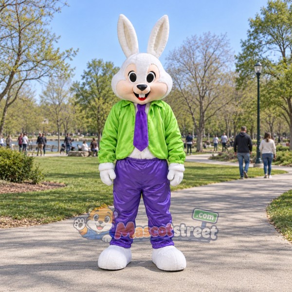 White Rabbit Mascot Costume with Green Shirt, Purple Trousers and Purple Tie