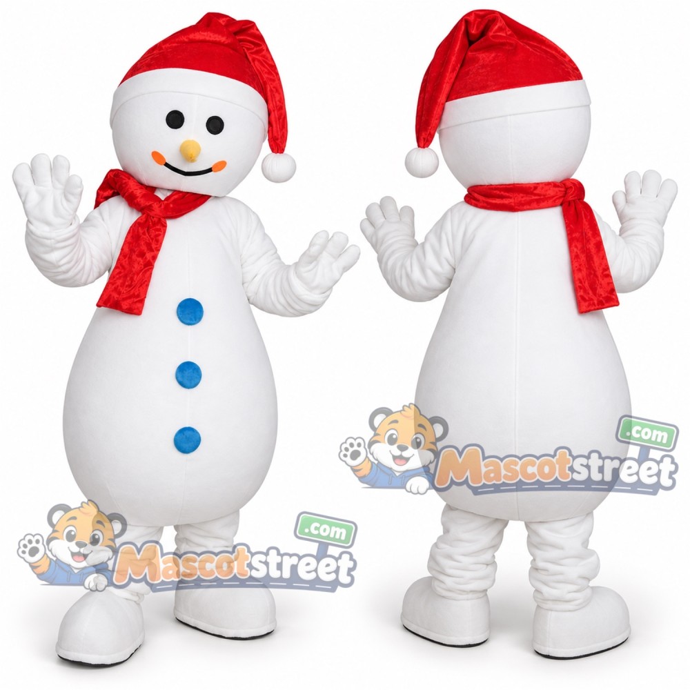 Snowman Mascot Costume with Red Scarf and Santa Hat Snowman Mascot Costume with Red Scarf and Santa Hat