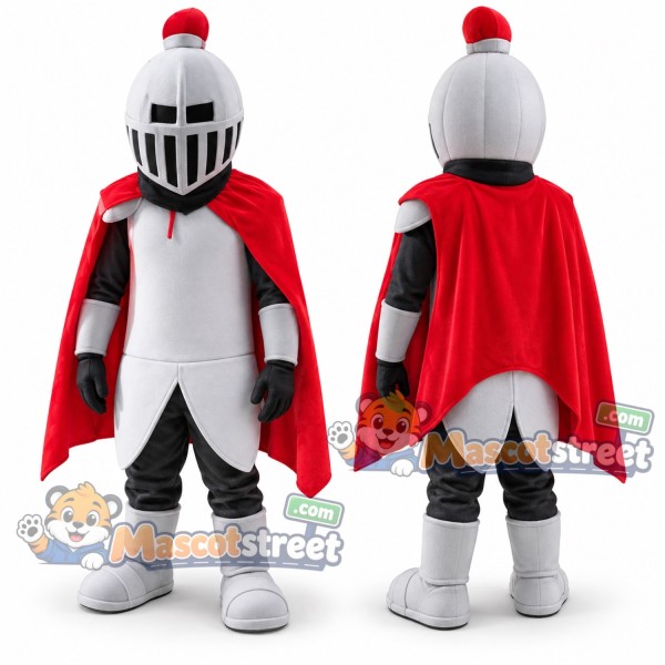 Knight Mascot Costume with Silver Armor and Red Cape