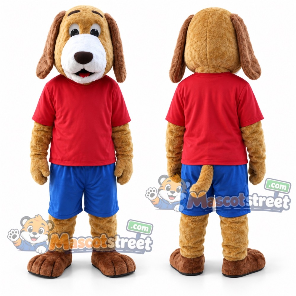 Brown Dog Mascot Costume with Red Shirt and Blue Shorts