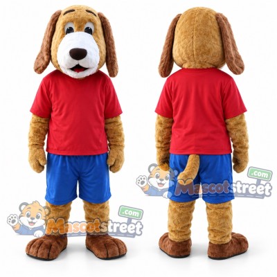 Brown Dog Mascot Costume with Red Shirt and Blue Shorts