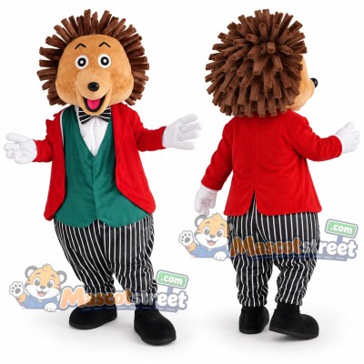 Brown Hedgehog Mascot Costume with Red Jacket, Green Vest and Striped Trousers