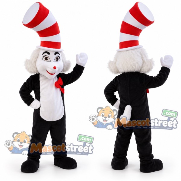 Black and White Cat Mascot Costume with Striped Hat
