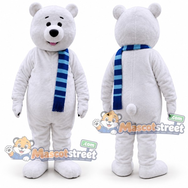 White Polar Bear Mascot Costume with Blue Scarf