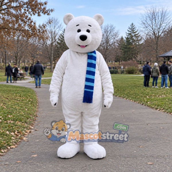 White Polar Bear Mascot Costume with Blue Scarf