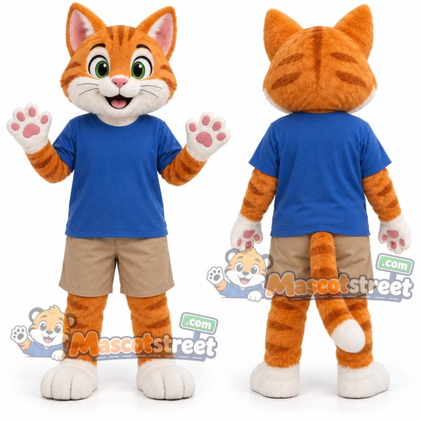 Orange Tabby Cat Mascot Costume with Blue Shirt and Tan Shorts