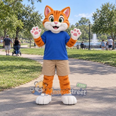 Orange Tabby Cat Mascot Costume with Blue Shirt and Tan Shorts Orange Tabby Cat Mascot Costume with Blue Shirt and Tan Shorts