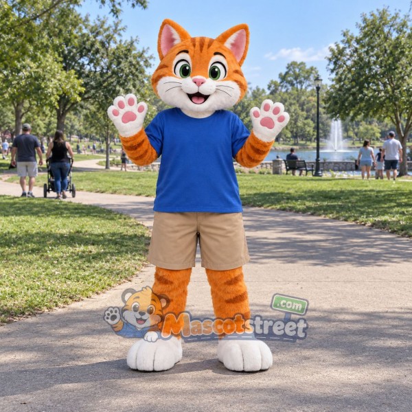 Orange Tabby Cat Mascot Costume with Blue Shirt and Tan Shorts