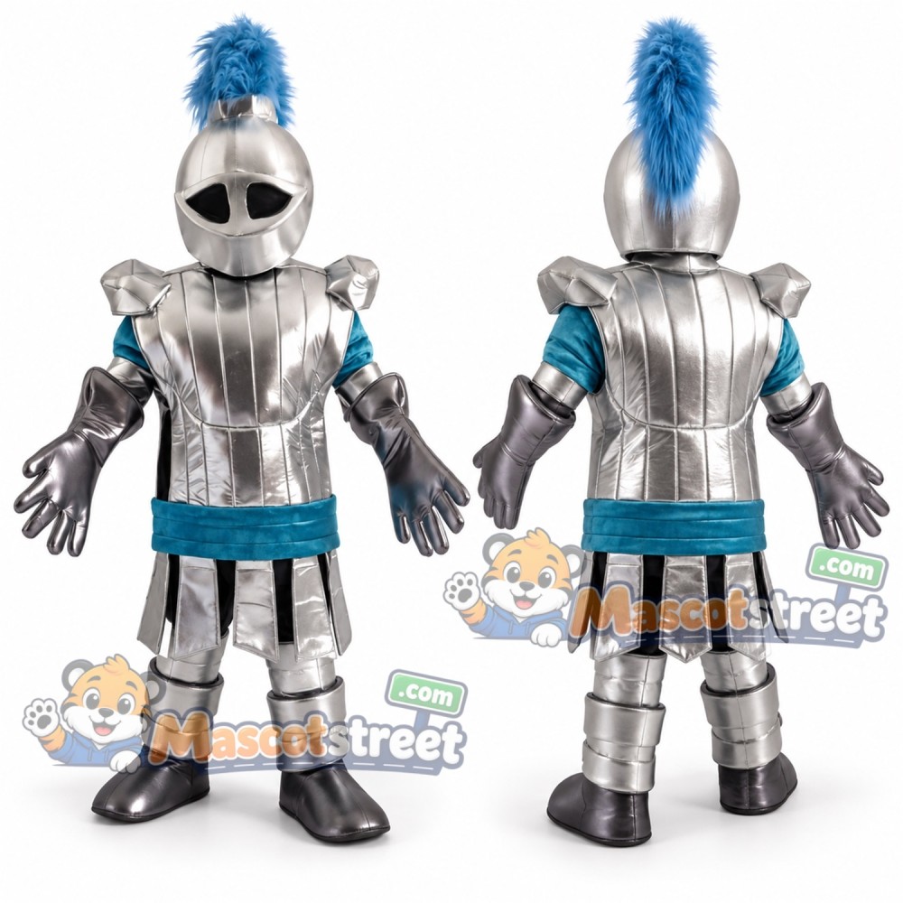 Knight Mascot Costume with Silver Armor and Blue Plume Knight Mascot Costume with Silver Armor and Blue Plume