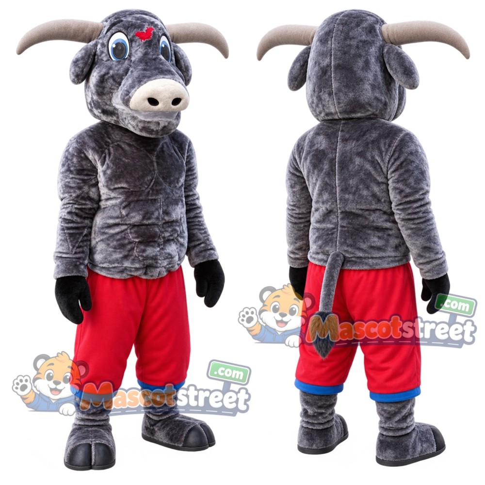 Gray Bull Mascot Costume with Red Shorts