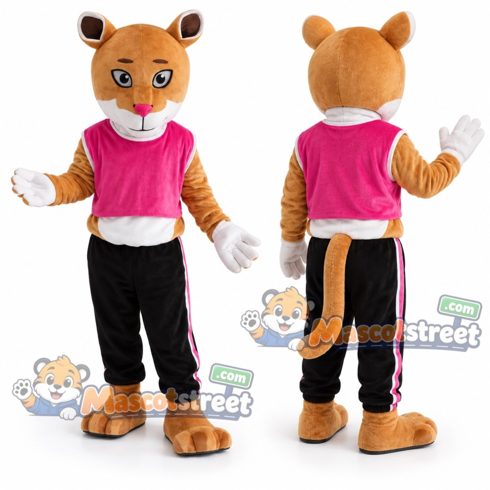 Tan Cougar Mascot Costume with Pink Shirt and Black Trousers Tan Cougar Mascot Costume with Pink Shirt and Black Trousers