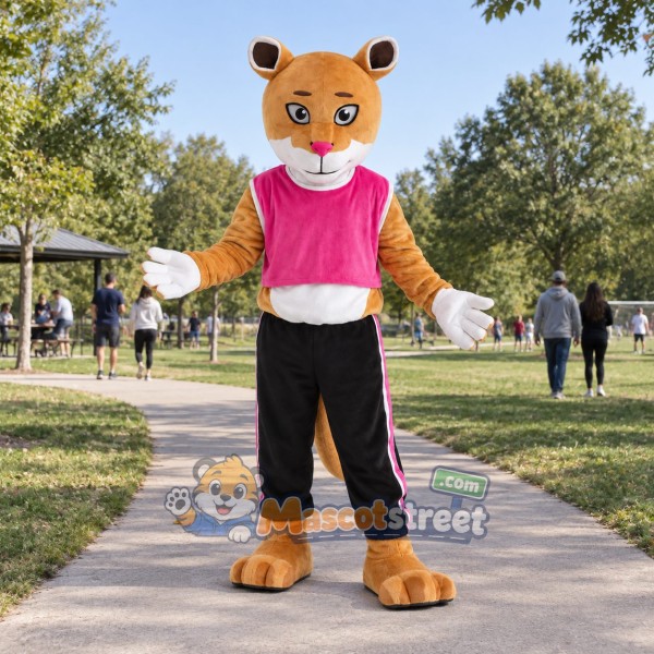 Tan Cougar Mascot Costume with Pink Shirt and Black Trousers